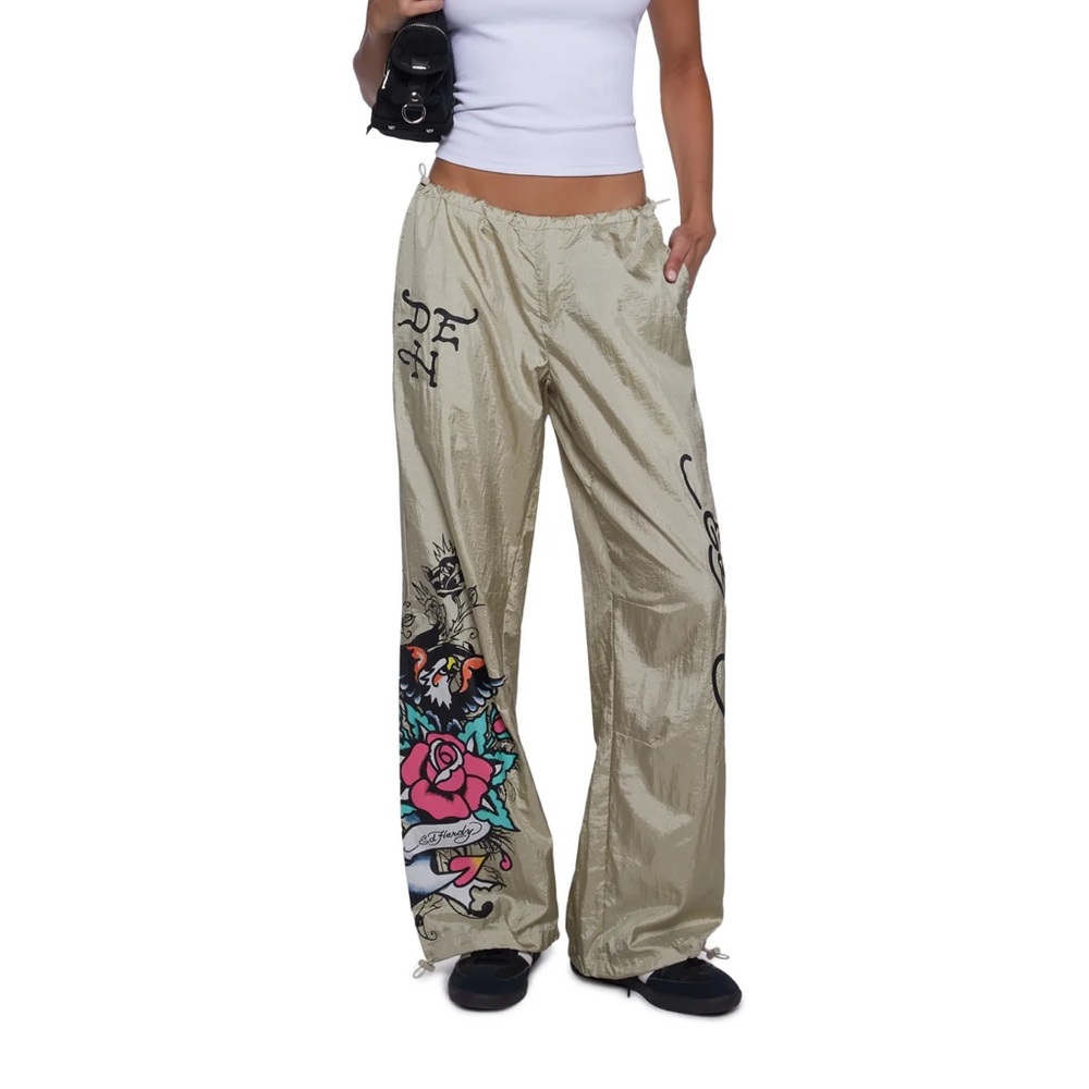 Ed Hardy Beige Graphic Wide Leg Pants